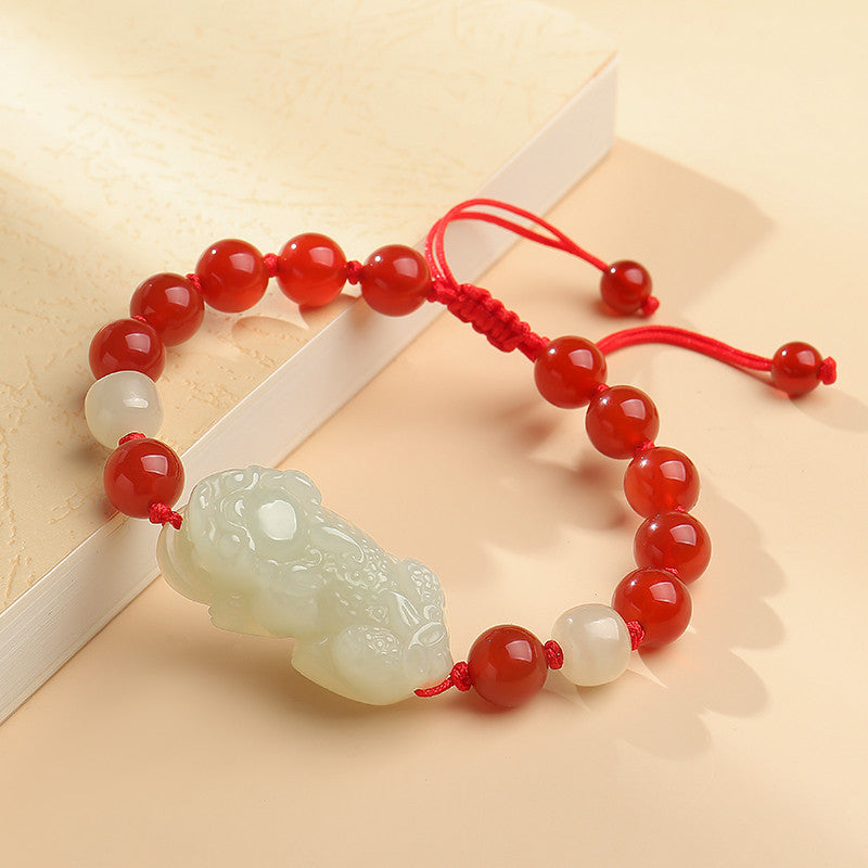 Adjustable Single-row Hetian Jade Pixiu Bracelet for Men & Women, With Certificate