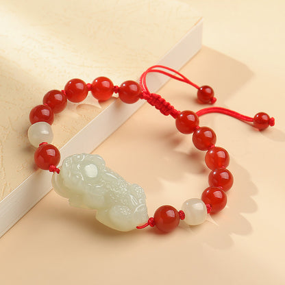 Adjustable Single-row Hetian Jade Pixiu Bracelet for Men & Women, With Certificate