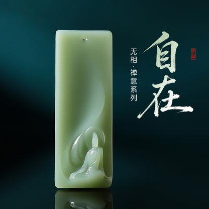 [Zen Series - Freedom] Hetian Jade Pendant, Unisex Green & Pink Cyan Enlightenment Jade Charm