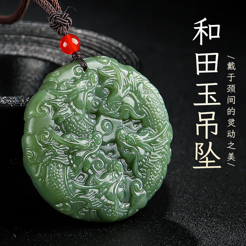 Unisex Hetian Jade Pendant, Double-sided Carved Nine Dragons