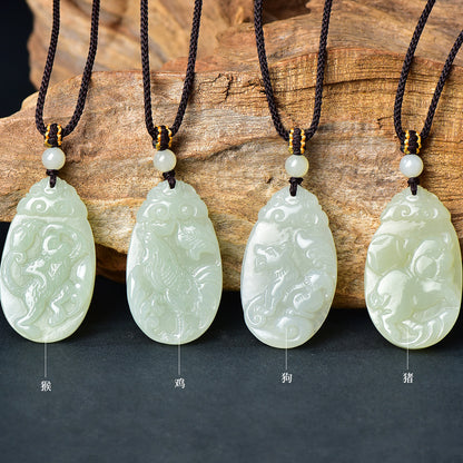 Exquisite Hetian Jade 12 Zodiac Pendant with Chinese Style Braided Cord, Birthday Gift, With Certificate & Collectible Value