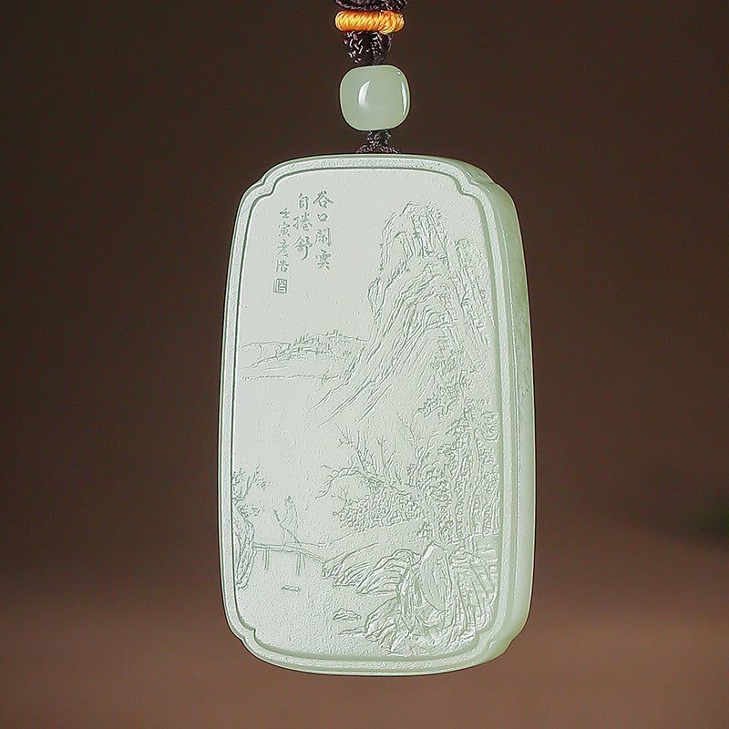 Master's Unique Piece | Hand Line-Carved Landscape Hetian Jade Pendant, Light Cyan & White Jade for Men & Women