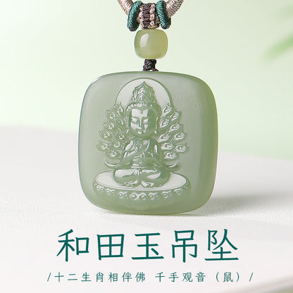 Unisex Hetian Jade Eight Patron Saints Pendant, 12 Zodiac Buddha Amulet, Festival Gift