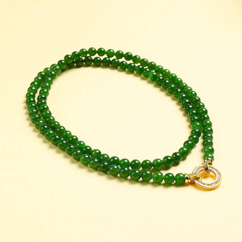 High-Oily Spinach Green Hetian Jasper Round Bead Necklace, Multi-use Sweater Chain