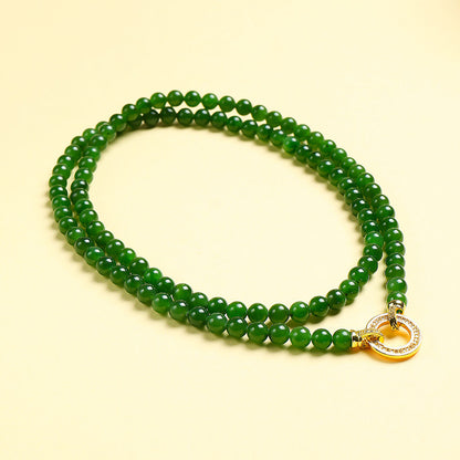 High-Oily Spinach Green Hetian Jasper Round Bead Necklace, Multi-use Sweater Chain