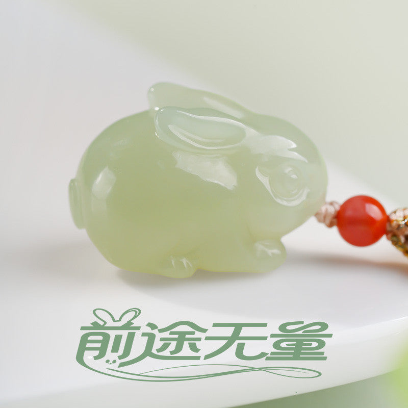 Plump Cute Rabbit Hetian Jade Pendant, Light Green Jade Chinese Zodiac Pendant, Unisex