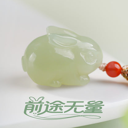 Plump Cute Rabbit Hetian Jade Pendant, Light Green Jade Chinese Zodiac Pendant, Unisex