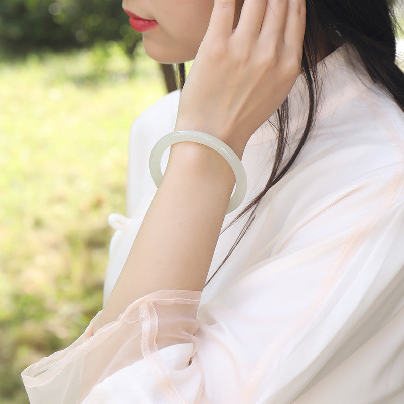 Slender Round Bangle, Pale Green & White Hetian Jade Beauty Bangle