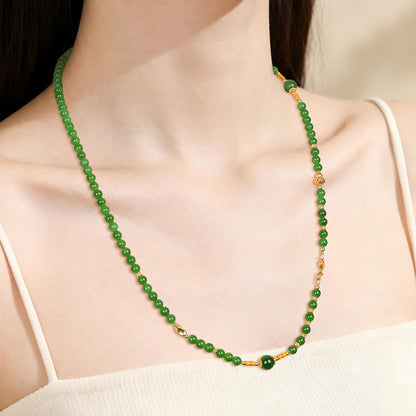 Hetian Jasper Necklace, Bright Green High-oil Round Bead & Gourd Jewelry, Multi-wear Style for Sweater Chain & Bracelet
