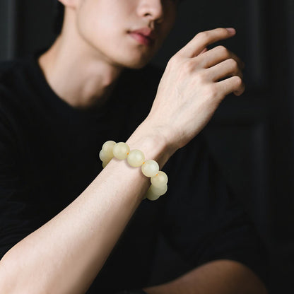 Unisex Hetian Jade Bracelet, Honey Water Tone Glossy Round Beads