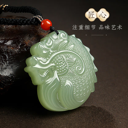 Double-sided Fine Carved Dragon-Carp Hetian Jade Pendant, Pale Cyan Zodiac Dragon Plaque, Holiday Gift