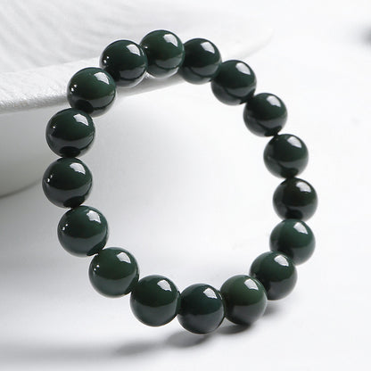 Unisex Green Hetian Jade Round Bead Single-row Bracelet, Festival Gift