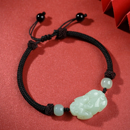 Pale Cyan Hetian Jade Pixiu Bracelet, Adjustable Couple Rope Bracelet, Birthday & Festival Gift for Men Women