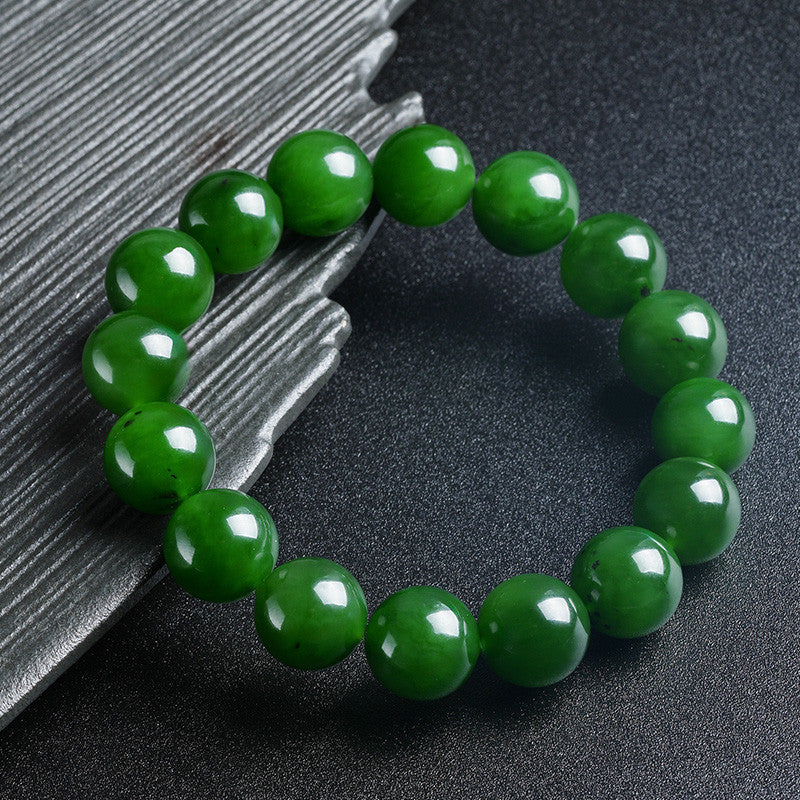 High-quality Hetian Jasper Bracelet, Slight Black Spinach Green Round Beads Jade Bangle, Festival Gift