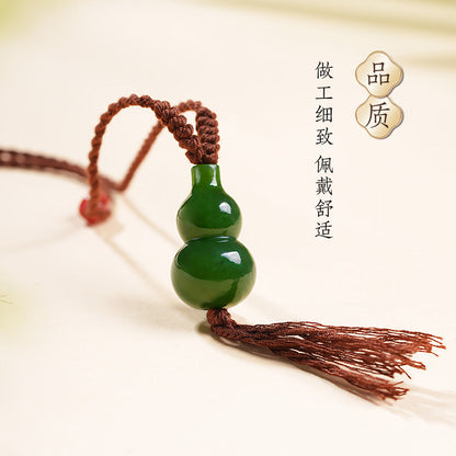 Spinach Green Hetian Jasper Gourd Pendant, Fortune & Blessing Jade Ornament with Cord