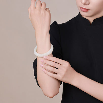 Elegant White Hetian Jade Peace Bangle for Women, Classic Jade Bracelet, Holiday Premium Gift, With Official Certificate & Collectible Value