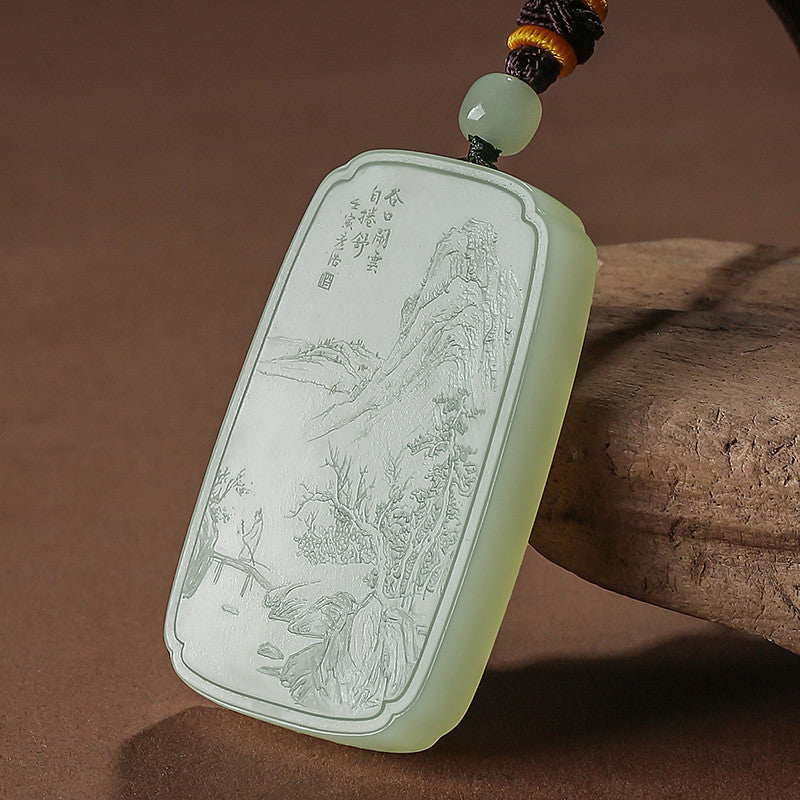 Master's Unique Piece | Hand Line-Carved Landscape Hetian Jade Pendant, Light Cyan & White Jade for Men & Women