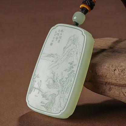 Master's Unique Piece | Hand Line-Carved Landscape Hetian Jade Pendant, Light Cyan & White Jade for Men & Women