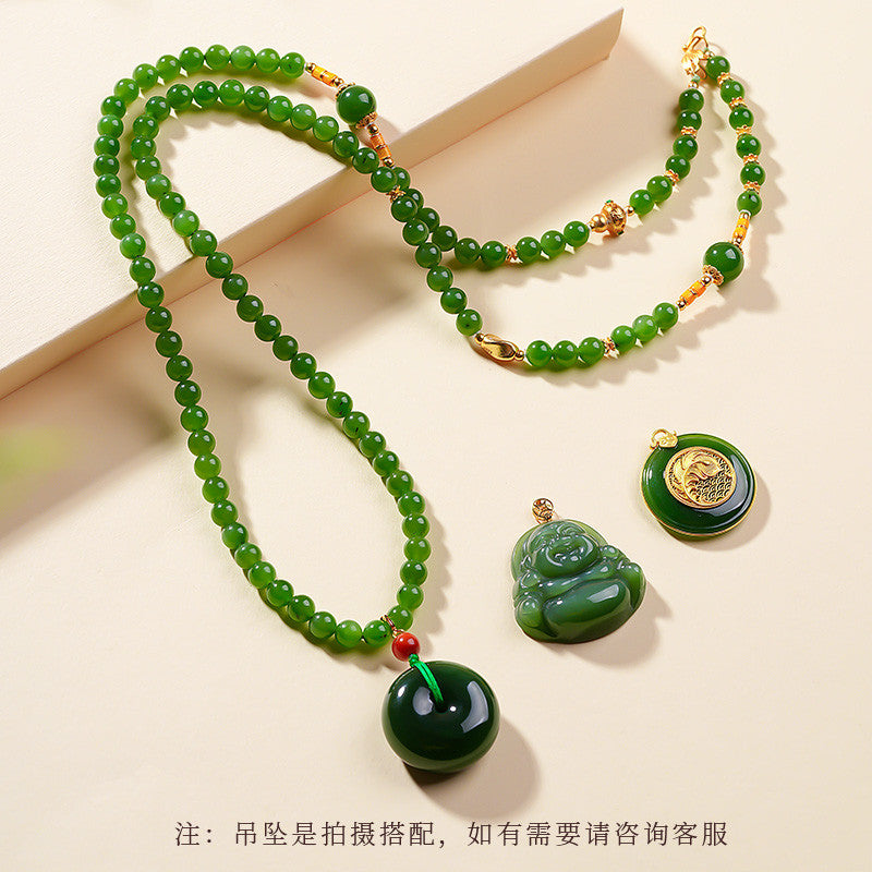 Hetian Jasper Necklace, Bright Green High-oil Round Bead & Gourd Jewelry, Multi-wear Style for Sweater Chain & Bracelet