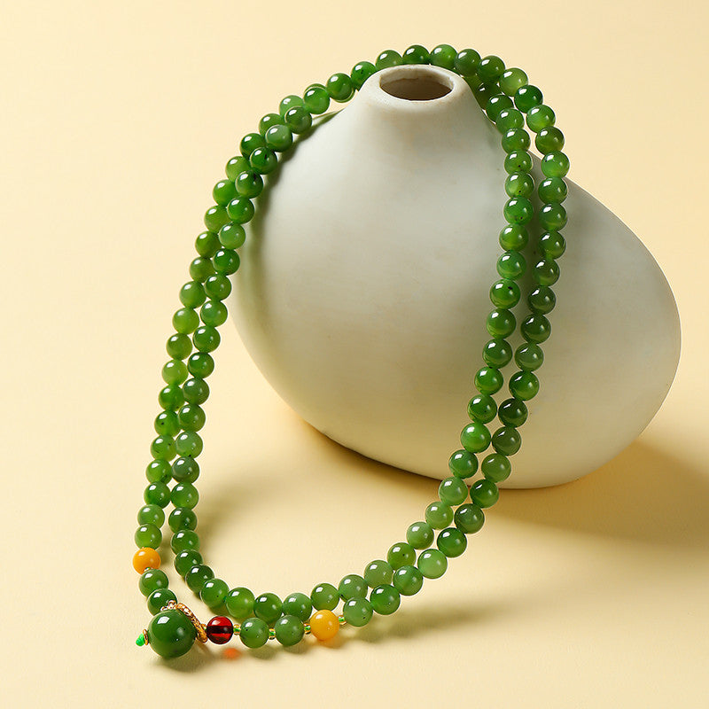 Spinach Green Hetian Jasper Round Bead Necklace, Sweater Chain, Gift for Mom