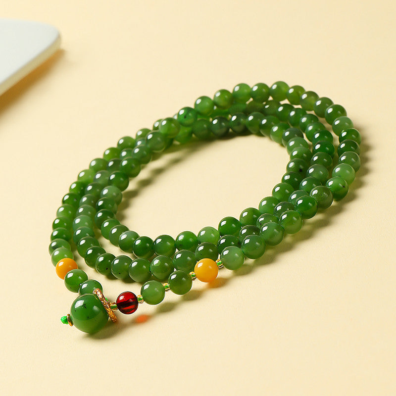 Spinach Green Hetian Jasper Round Bead Necklace, Sweater Chain, Gift for Mom