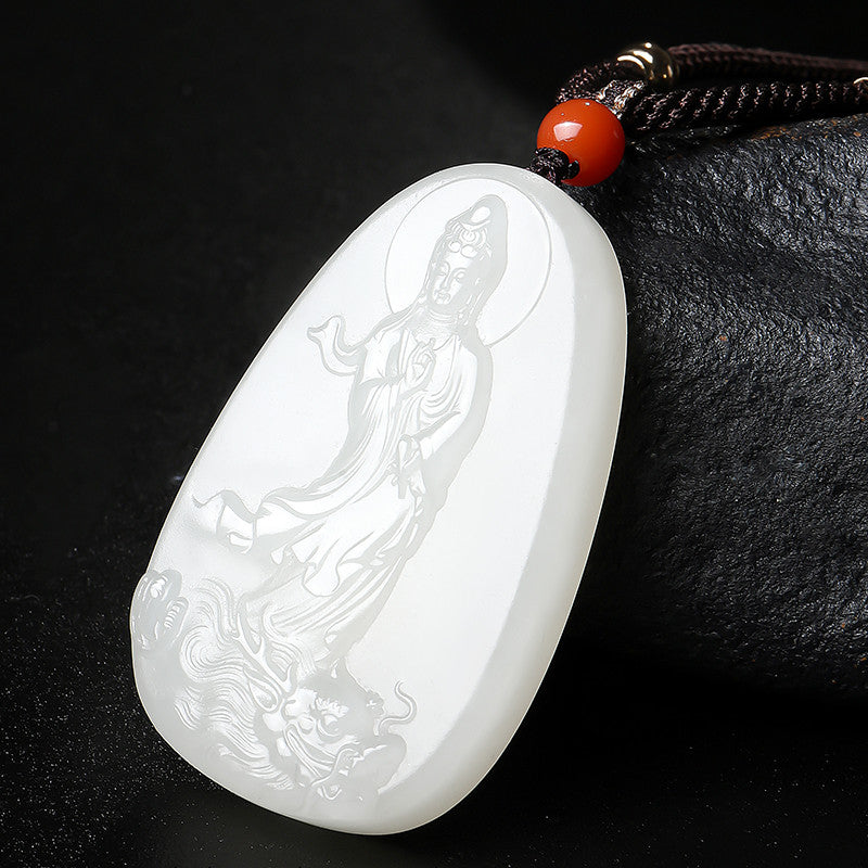 Hetian White Jade Pendant, Dragon-Subduing Guanyin Jade Charm