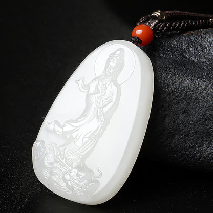 Hetian White Jade Pendant, Dragon-Subduing Guanyin Jade Charm