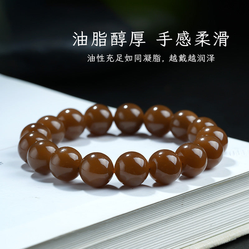 Collectible Hetian Jade Bracelet, Men & Women Red Sugar Jade Glossy Round Beads Plain Bangle, Festival Gift