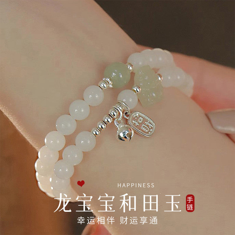 Cute Dragon Baby Hetian Jade Bracelet with S925 Silver, Chinese Style Jewelry for Women, Birthday Gift for Girlfriend, With Certificate & Collectible Value