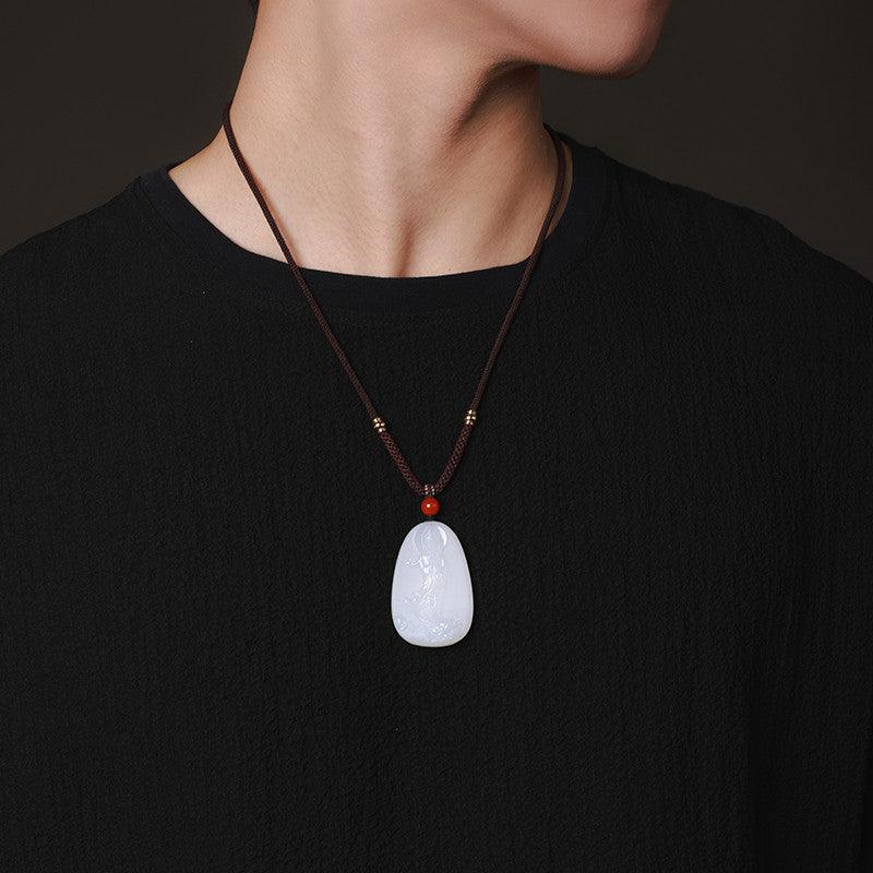 Hetian White Jade Pendant, Dragon-Subduing Guanyin Jade Charm