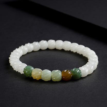 Women's Hetian Jade Bracelet, White Jade Twisted Beads Multi-Gem Single-Circle Bangle