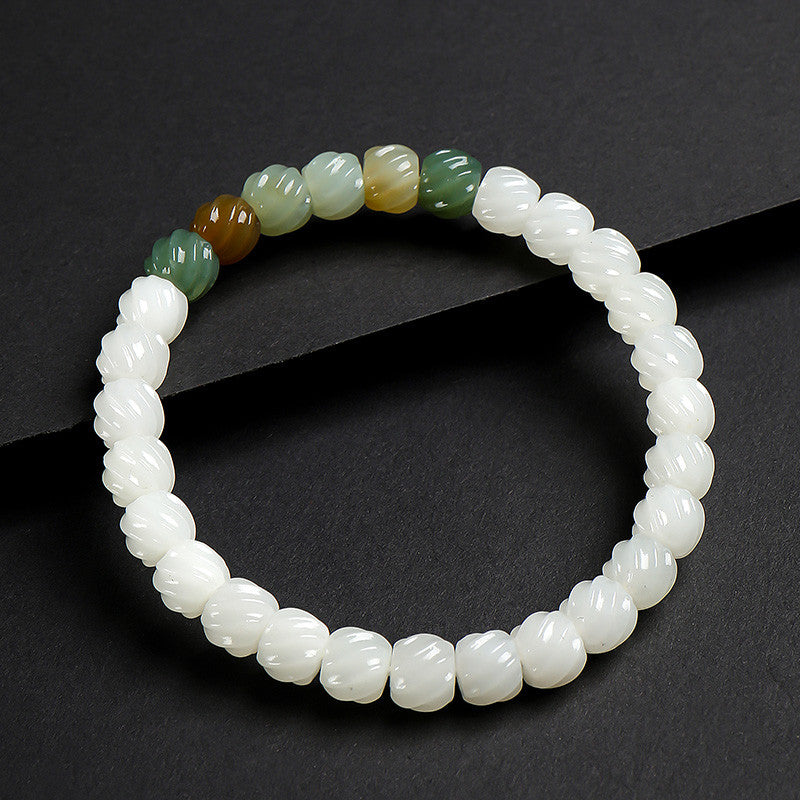 Women's Hetian Jade Bracelet, White Jade Twisted Beads Multi-Gem Single-Circle Bangle