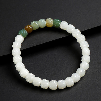Women's Hetian Jade Bracelet, White Jade Twisted Beads Multi-Gem Single-Circle Bangle
