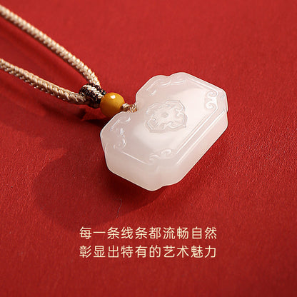 Tang Style Eight Auspicious Series Hetian Jade Square Ruyi Lock Pendant