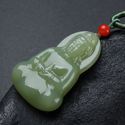 Double-Side Carved Pale Cyan Hetian Jade Sitting Guanyin Pendant, Unisex Lotus Throne Jade Charm
