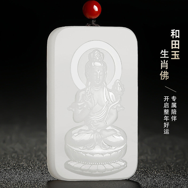Grease-like White Hetian Jade Pendant, Double-sided Carved Eight Zodiac Guardian Buddhas, Festival Gift