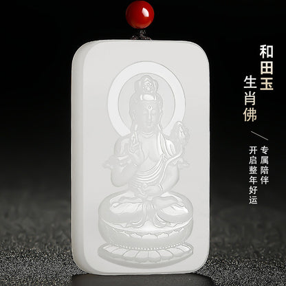 Grease-like White Hetian Jade Pendant, Double-sided Carved Eight Zodiac Guardian Buddhas, Festival Gift