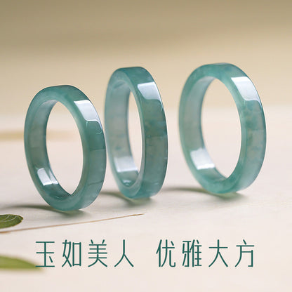 Moist Translucent Blue Water Straight-Cut Jadeite Ring, Women Finger Jewelry Holiday Gift