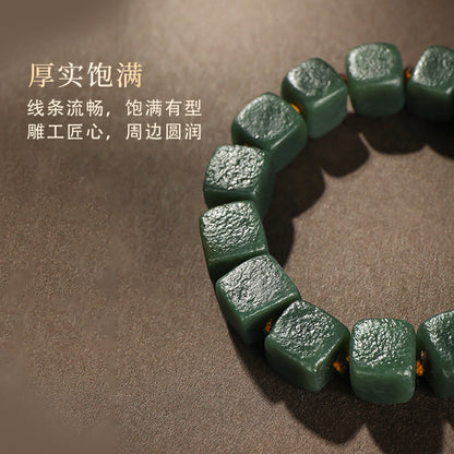 Dark Green Hetian Jade Bracelet for Men, Jade Beads with Brand Hand Rope, Holiday Gift