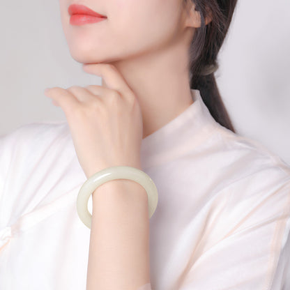 Premium Choice Oily White Hetian Jade Peace Bangle, Holiday Gift for Girlfriend & Mom