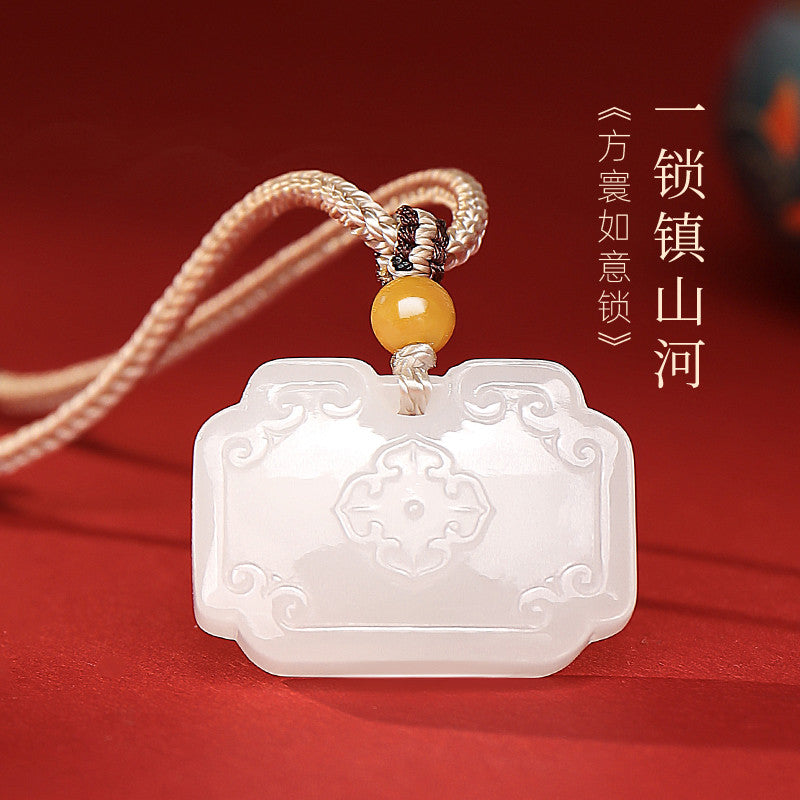 Tang Style Eight Auspicious Series Hetian Jade Square Ruyi Lock Pendant