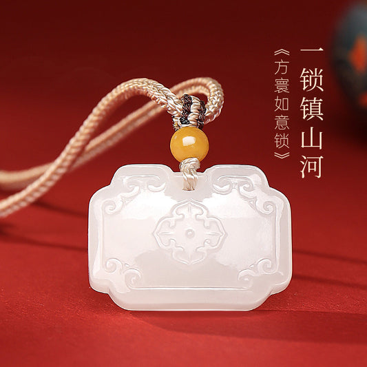 Tang Style Eight Auspicious Series Hetian Jade Square Ruyi Lock Pendant