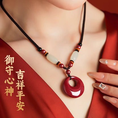 Cinnabar & Hetian Jade Peace Buckle Necklace for Women, Auspicious Pendant, Lucky Gift for Zodiac Year