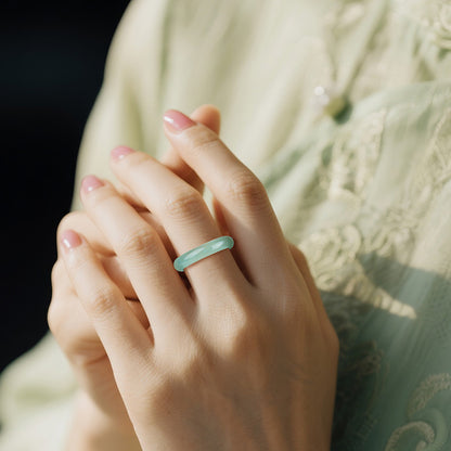 Moist Translucent Jadeite Ring, High-Icy Blue Water Plain Band Ring for Men & Women