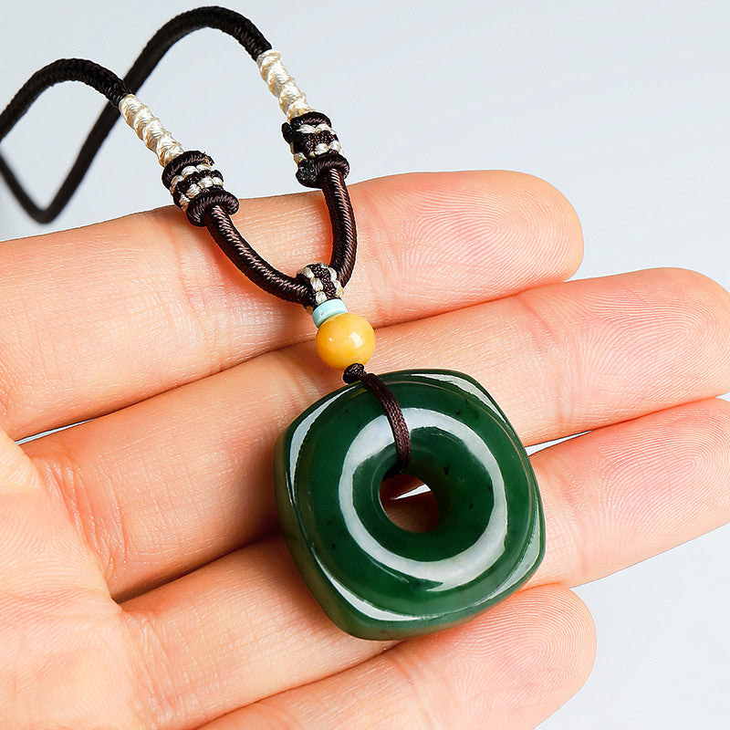 Square & Round Blessing｜High-Oil Spinach Green Jasper Heaven-Earth Style Hetian Jade Safety Buckle Pendant Unisex