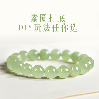 Unisex Light Cyan & Clear Water Green Hetian Jade Round Bead Bracelet