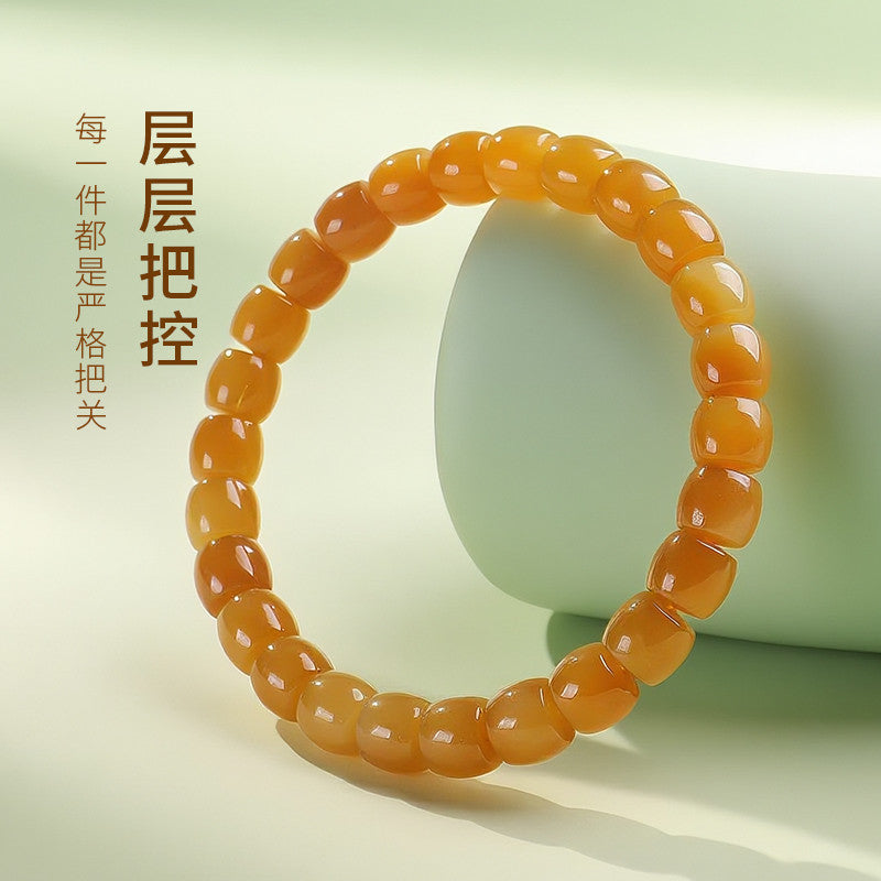 Unisex Hetian Sugar Jade Bracelet, Premium Barrel Beads Single-Circle Bangle, Festival Gift