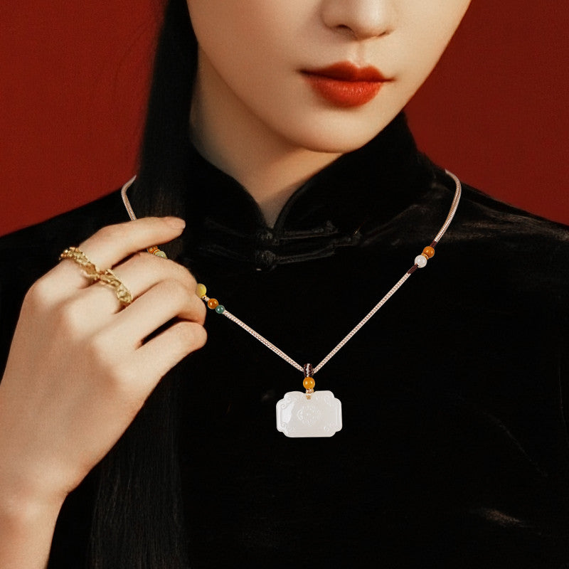 Tang Style Eight Auspicious Series Hetian Jade Square Ruyi Lock Pendant