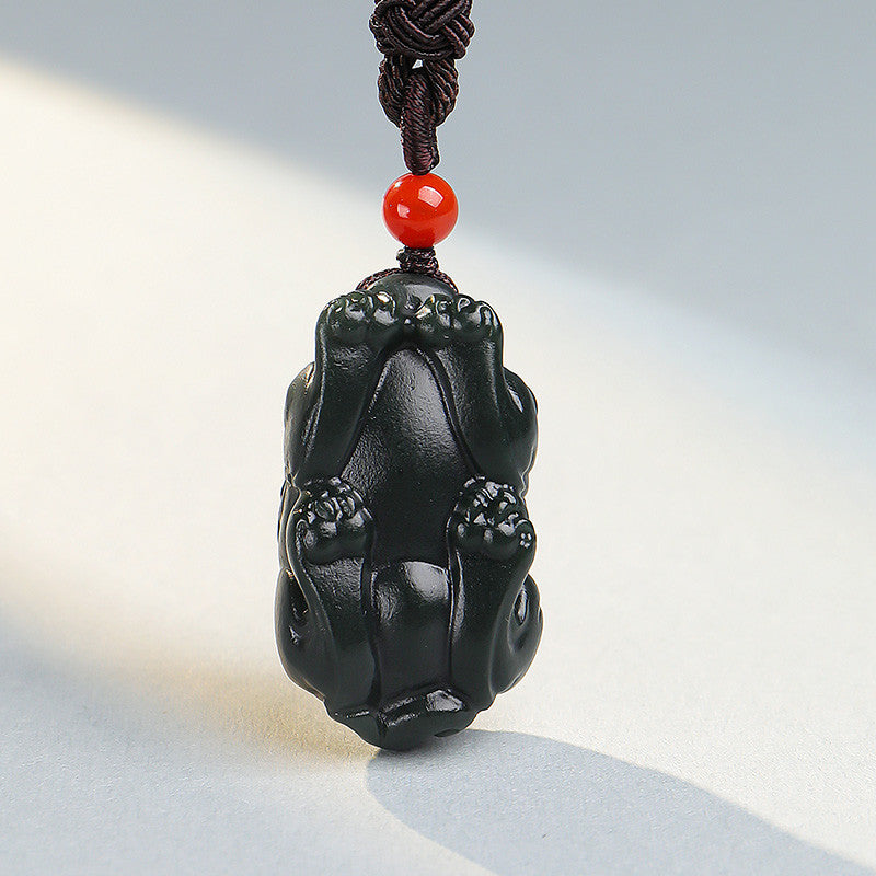 Tower Green Fine Material Hetian Jade Pixiu Pendant, Three-dimensional Divine Beast Cyan Jade Ornament with Certificate