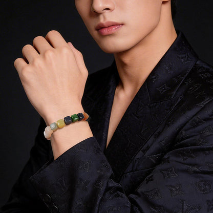 Unisex Hetian Jade Bracelet, Square Multi-Color Mixed Gem Beads, Handheld Bangle, Festival Gift